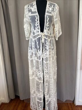 Sheer White Embroidered Maxi Kimono - Women Tops
